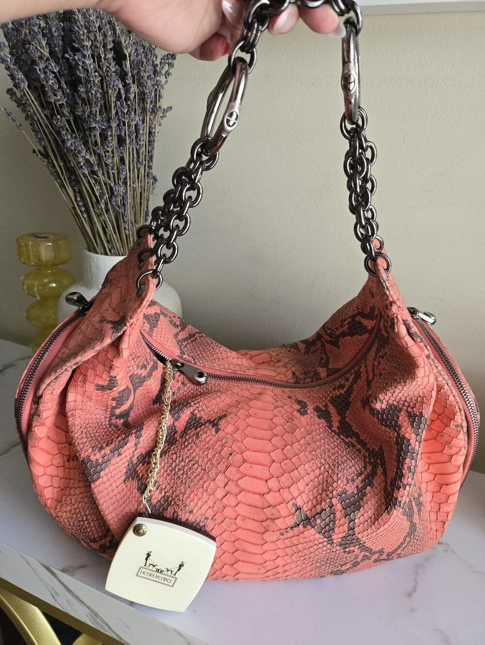 EUC Henri Bendel Snake Print Large Coral Hobo Shoulder Bag With Mirror Charm